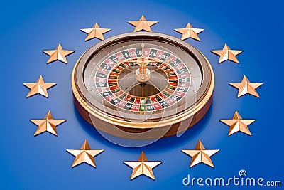 Casino and gambling industry in the EU. Casino roulette on the European Union flag. 3D rendering Stock Photo