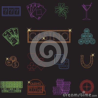 Casino and gambling line icons set with slot machine and roulette, chips, poker cards, money, dice, coins, horseshoe flat design Vector Illustration