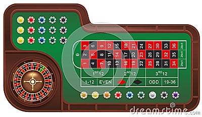 Casino gambling roulette table and chips Vector Illustration