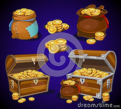 Casino and Game cartoon 3d money icons. Gold coins in moneybags Vector Illustration