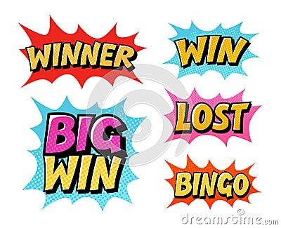 Casino or game icons. Lettering such as win, winner, lost, bingo. Comic text vector illustration Vector Illustration