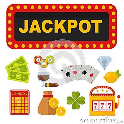 Casino icons set with roulette gambler joker slot machine poker game vector illustration. Vector Illustration