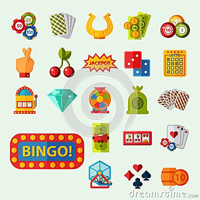 Casino game icons poker gambler symbols blackjack winning roulette joker slotbvector illustration. Vector Illustration