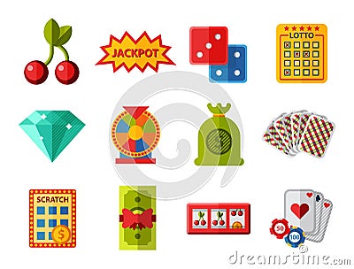 Casino game icons poker gambler symbols blackjack winning roulette joker slotbvector illustration. Vector Illustration