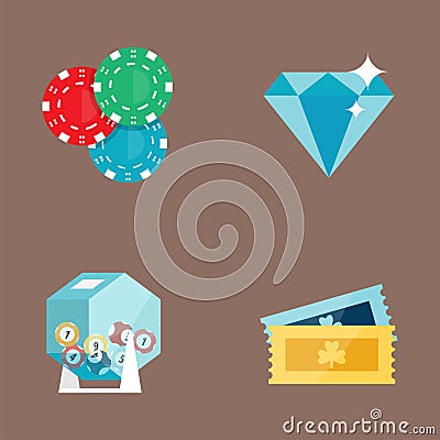 Casino game poker gambler symbols blackjack cards money winning roulette joker vector illustration. Vector Illustration