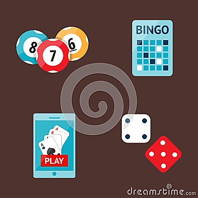 Casino game poker gambler symbols blackjack cards money winning roulette joker vector illustration. Vector Illustration