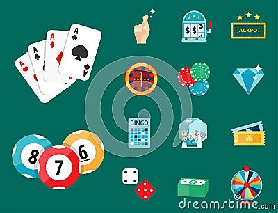 Casino game poker gambler symbols blackjack cards money winning roulette joker vector illustration. Vector Illustration