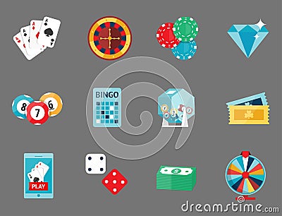 Casino game poker gambler symbols blackjack cards money winning roulette joker vector illustration. Vector Illustration