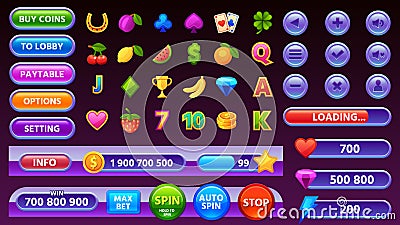 Casino game user interface menu, icons and buttons. Cartoon mobile gamble slot machine gui elements, progress bar and Vector Illustration