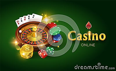 Casino on a green background. Dice gold coins cards roulette and chips. Vector illustration Vector Illustration