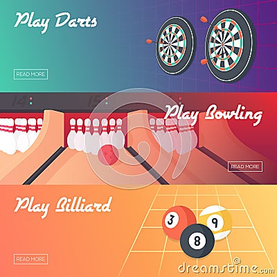 Casino Horizontal Banner Set (Darts, Bowling and Billiard). Flat Style. Clean Design. Vector Illustration