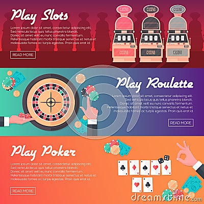 Casino Horizontal Banner Set (Slot Machine, Poker and Roulette). Flat Style. Clean Design. Vector Illustration