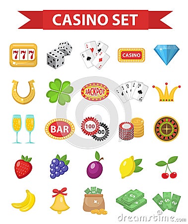 Casino icons, flat style. Gambling set isolated on a white background. Poker, card games, one-armed bandit, roulette Vector Illustration