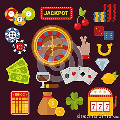 Casino icons set with roulette gambler joker slot machine isolated on white vector illustration. Vector Illustration