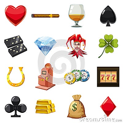 Casino icons set symbols, cartoon style Vector Illustration