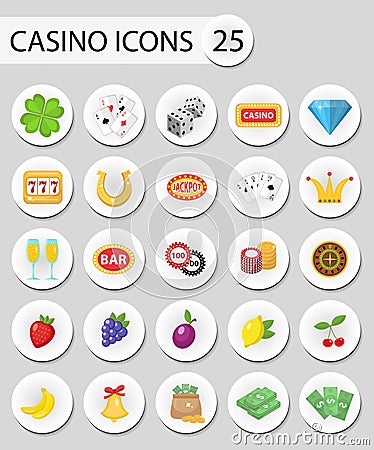 Casino icons stickers, flat style. Gambling set on a white background. Poker, card games, one-armed bandit Vector Illustration