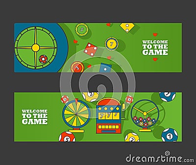 Casino invitation banners, vector illustration. Simple flat icons of gambling on green background, welcome to the game Vector Illustration