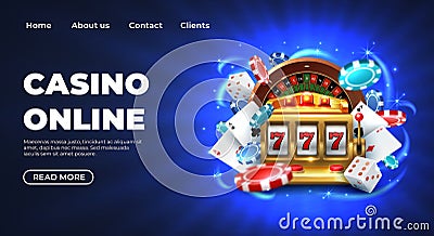 Casino landing page. Gambling roulette website big lucky prize, realistic 3D vector illustration 777 slot machine Vector Illustration