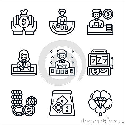 Casino line icons. linear set. quality vector line set such as lucky, dice, poker chip, slot machine, gambler, croupier, gambler, Vector Illustration