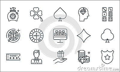 Casino line icons. linear set. quality vector line set such as protection, gift, ticket, coins, croupier, casino chip, card game, Vector Illustration