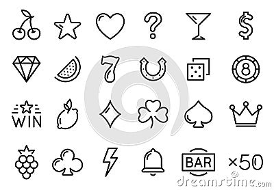 Casino line icons for slot machine. Set of outline gaming icons. Casino and gambling signs, fruits and online casino icons for Vector Illustration