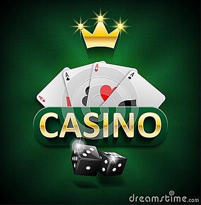 Casino marketing banner with dice and poker cards on green background. Playing jackpot and gambling casino games design Vector Illustration