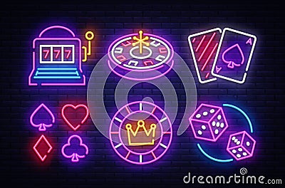 Casino neon collection vector icons. Casino Emblems and Labels, Bright Neon Sign, Slot Machine, Roulette, Poker, Dice Vector Illustration