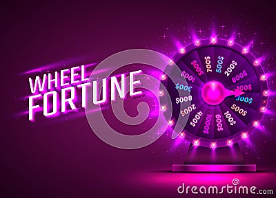 Casino neon colorful fortune wheel. purple background. Vector Illustration