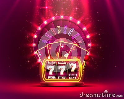 Casino neon colorful fortune wheel, Neon slot machine wins the jackpot. Vector Illustration