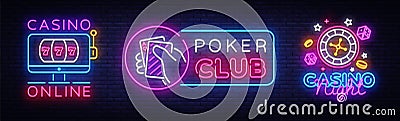 Casino Neon Logos collection Vector. Poker Club neon sign, design template, Casino online, modern trend design, casino Vector Illustration