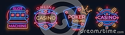 Casino neon signs. Slot machine jackpot banners, poker bar night billboard, gambling roulette. Vector casino neon Vector Illustration