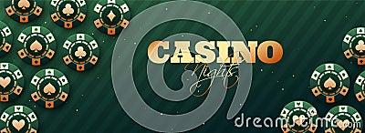 Casino Night header or banner design with realistic casino chips. Stock Photo
