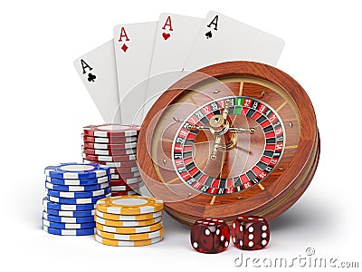 Casino o gambling concept. Roulette, casino chips, cards and dice isolated on white background Cartoon Illustration