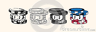 Casino Playing Chips sketch,lineart,colorless and colored. Stages of drawing coloring book vintage toons: funny Vector Illustration