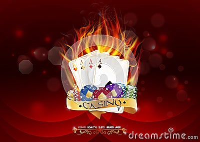 Casino poker banner with chips and poker cards burn in the fire on red background Vector Illustration