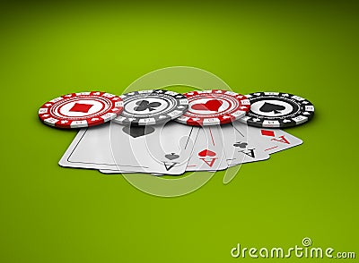 Casino Poker Chips with four aces. Casino Games 3D Illustration Stock Photo