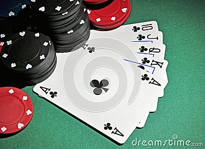 Casino poker chips with royal flush Stock Photo