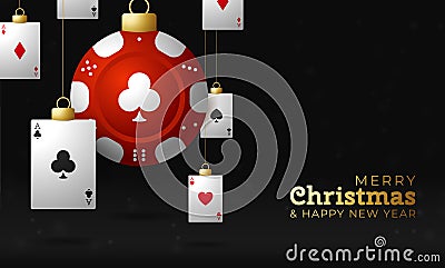 Casino Poker Christmas card. Merry Christmas sport greeting card. Hang on a thread casino poker chip as a xmas ball and golden Vector Illustration