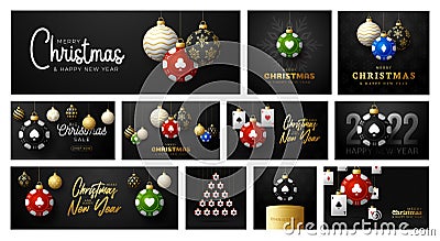 Casino Poker Christmas card set. Merry Christmas sport greeting card. Hang on a thread casino poker chip as a xmas ball and golden Vector Illustration