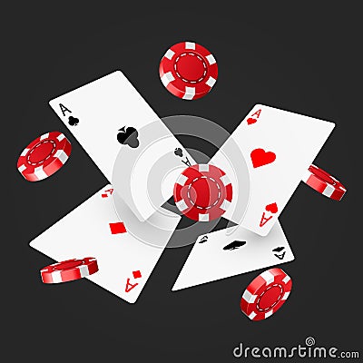 Casino poker design template. Falling poker cards and chips. Winner concept. Casino lucky background. Vector Illustration