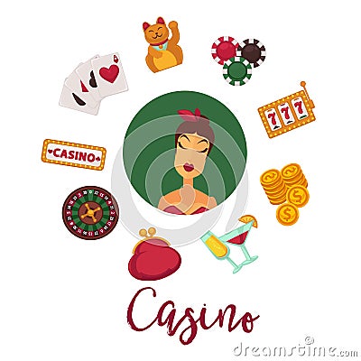 Casino poker poster of roulette game vector icons playing cards, chips and gambling dice Vector Illustration