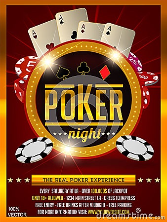 Casino poker tournament invitation design. Gold text with playing chip and cards. Vector Illustration