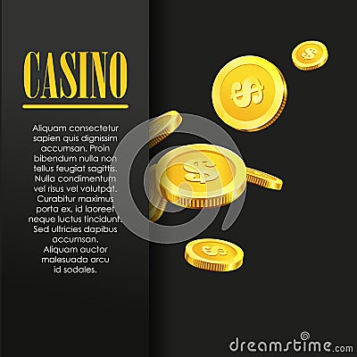 Casino Poster Background or Flyer with Golden Money Coins. Vector Illustration