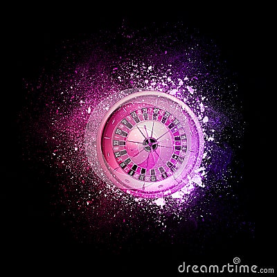Casino roulette flying in violet particles. Stock Photo
