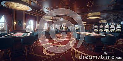 Casino with roulette and poker tables and slot machines. classic gamble games. Stock Photo