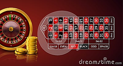 Casino roulette table illustration. Green gambling roulette table with numbers play cards coins and chips Vector Illustration