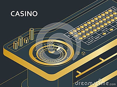 Casino roulette table in isometric flat style. Wheel, chips and dices Vector Illustration