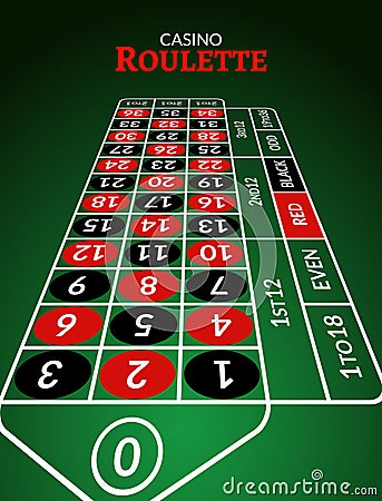 Casino roulette table perspective illustration. Green gambling roulette table with numbers Vector Illustration