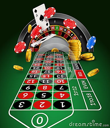 Casino roulette table perspective illustration. Green gambling roulette table with numbers play cards coins and chips Vector Illustration