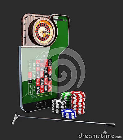 Casino roulette wheel with casino chips, 3d illustration Cartoon Illustration